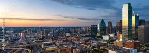Dallas Splendor: Aerial 4K Image of Beautiful Blue Skyline and Buildings in Dallas  Texas photo