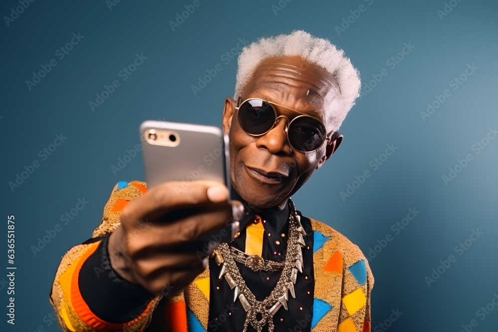 Amusing image of a senior African American man dressed in trendy streetwear, striking a cool pose while taking a selfie with a smartphone. Generative AI