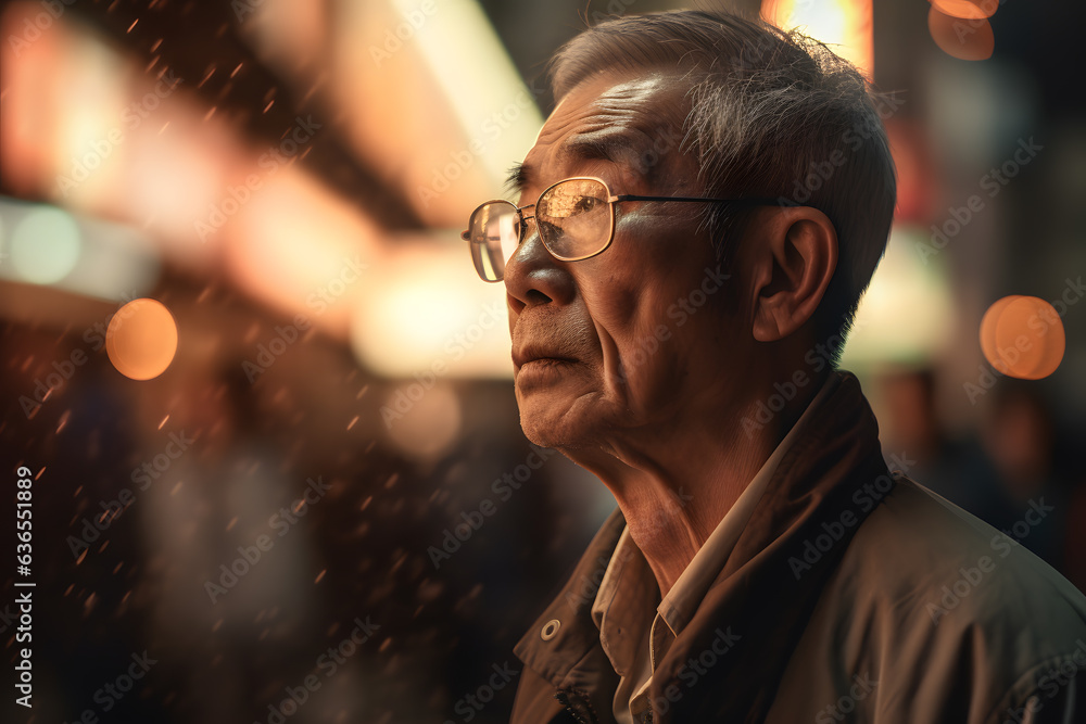 Elderly Asian man navigating a busy intersection, his face partially illuminated by the glow of car headlights. Generative AI Elderly Asian man navigating a busy intersection, his face partially illuminated by the glow of car headlights. Generative AI