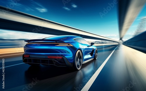 View of the blue car at high speed. AI