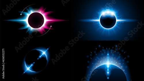 Set Sun Eclipse Solar Collection Color Fire Dark Background Vector Moon Design Style Space Science Glow Light