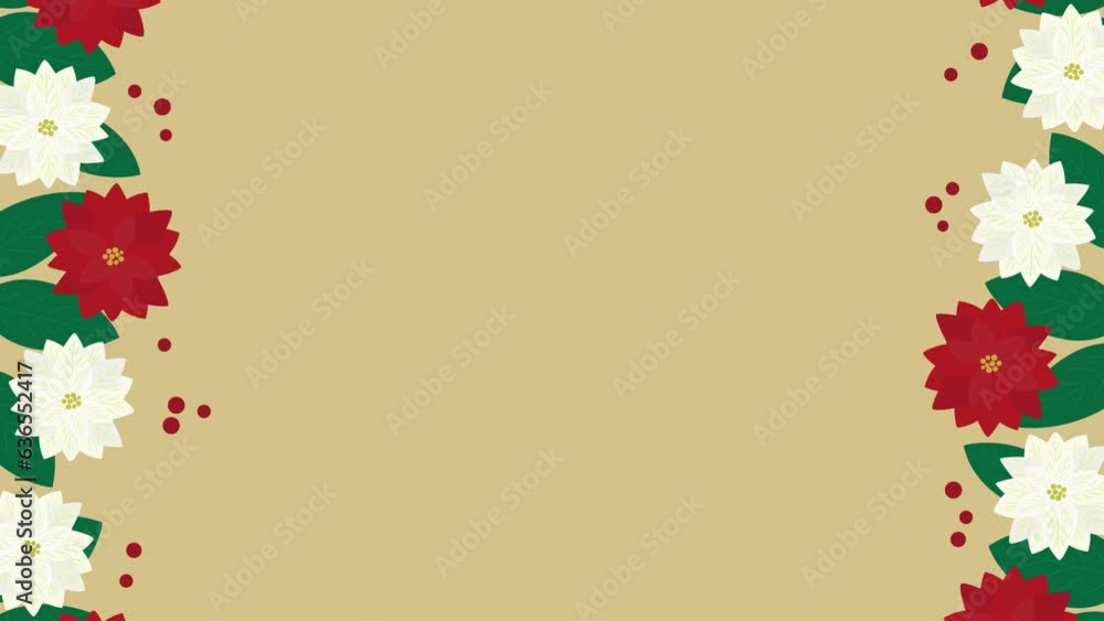 ポインセチアと赤い実がモチーフの背景フレームイラストアニメーションビデオ　ループ可能