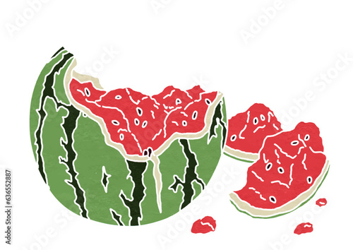 砕けたスイカのイラスト（版画風）