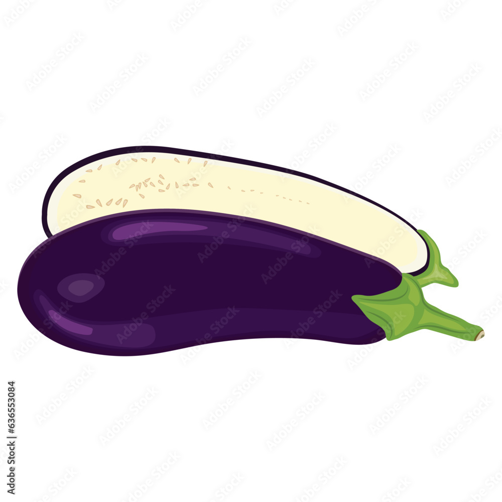 Vector illustration eggplant slice vegetable in cartoon flat style. Aubergine purple fresh, plant food, organic healthy, agriculture brinjal garden. Raw violet eggplant sliced in white background. Vector illustration eggplant slice vegetable in cartoon flat style. Aubergine purple fresh, plant food, organic healthy, agriculture brinjal garden. Raw violet eggplant sliced in white background.
