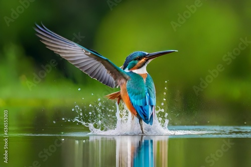 Common European Kingfisher (Alcedo atthis). Kingfisher flying after emerging from water with caught fish prey in beak on green natural background. Kingfisher caught a small fish © Tanveer