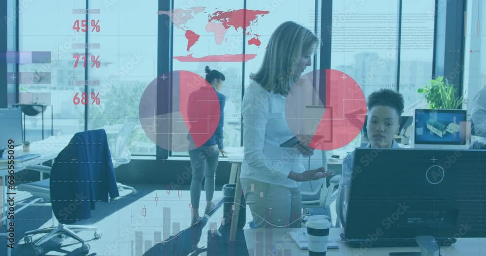 Animation of infographic interface over diverse female coworkers discussing in office