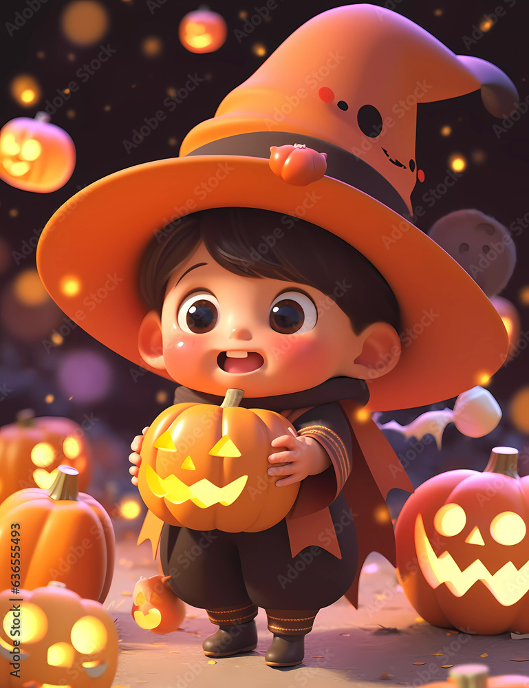 3d cute little boy with funny wizard costume for Halloween party 3d cute little boy with funny wizard costume for Halloween party