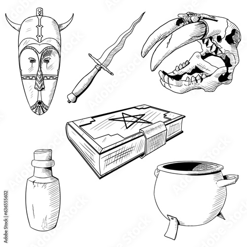 Occult items. Vector illustration. Isolated on white. Hand drawn sketch.