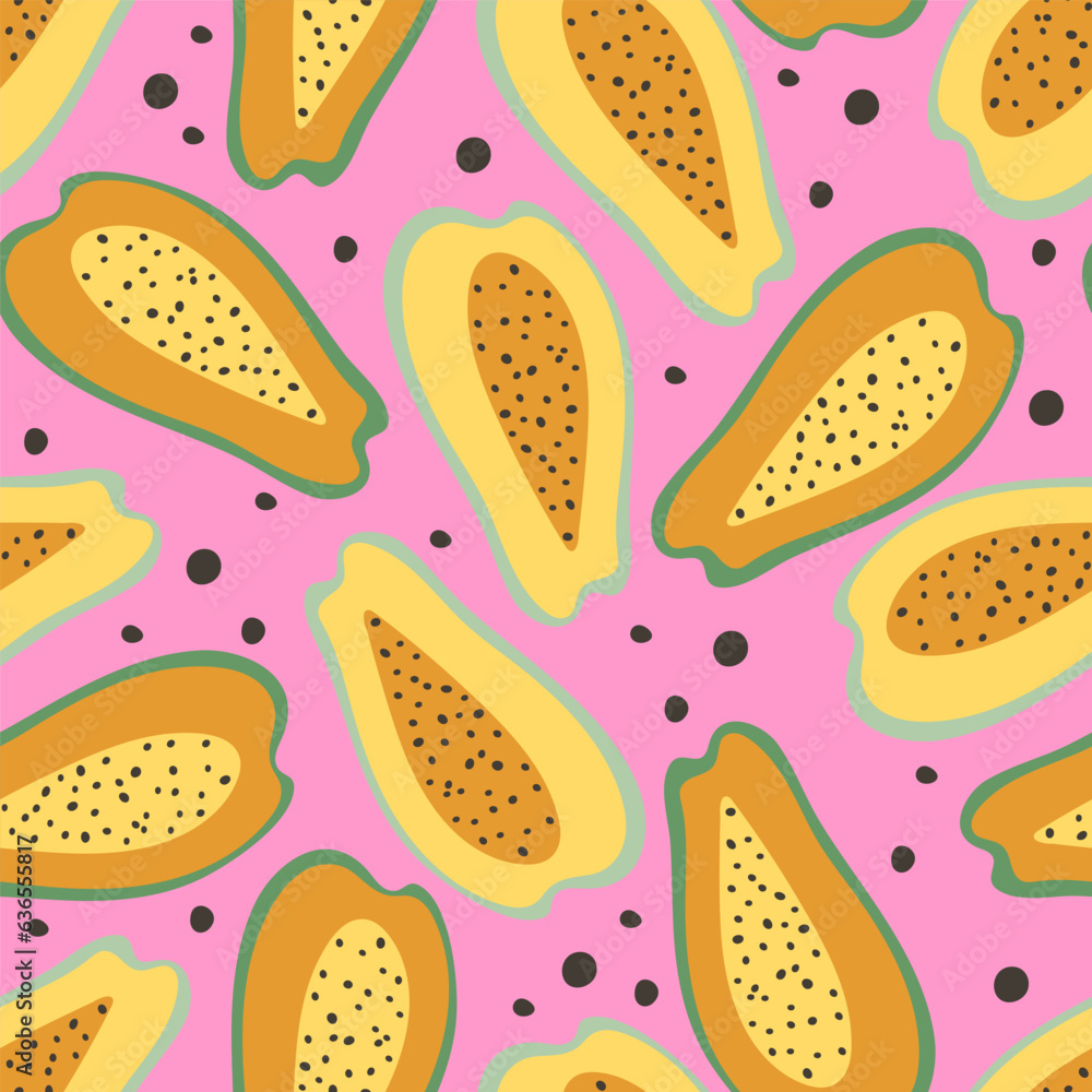 Papaya on a pink background. Seamless pattern, vector illustration