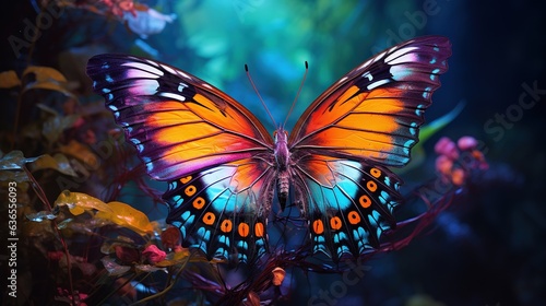  a butterfly with orange and blue wings sitting on a plant.  generative ai © Oleg