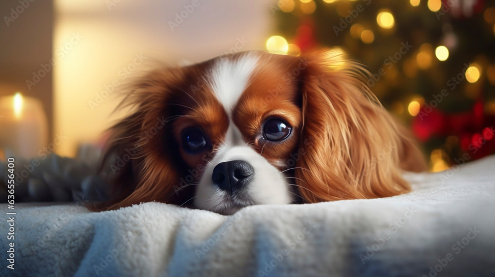 AI generated, Beautiful portrait of  cute adorable Cavalier King Charles Spaniel dog celebrating Christmas. Beautiful design for postcards, napkins etc. Xmas celebration. Close up portrait.