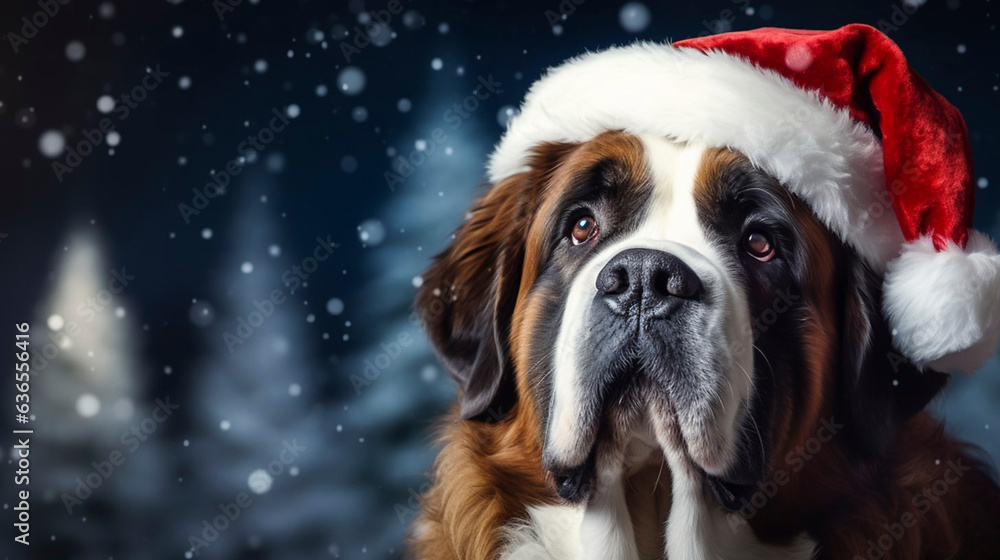 AI generated, Beautiful portrait of  cute adorable Saint Bernard dog celebrating Christmas. Beautiful design for postcards, napkins etc. Xmas celebration. Close up portrait.