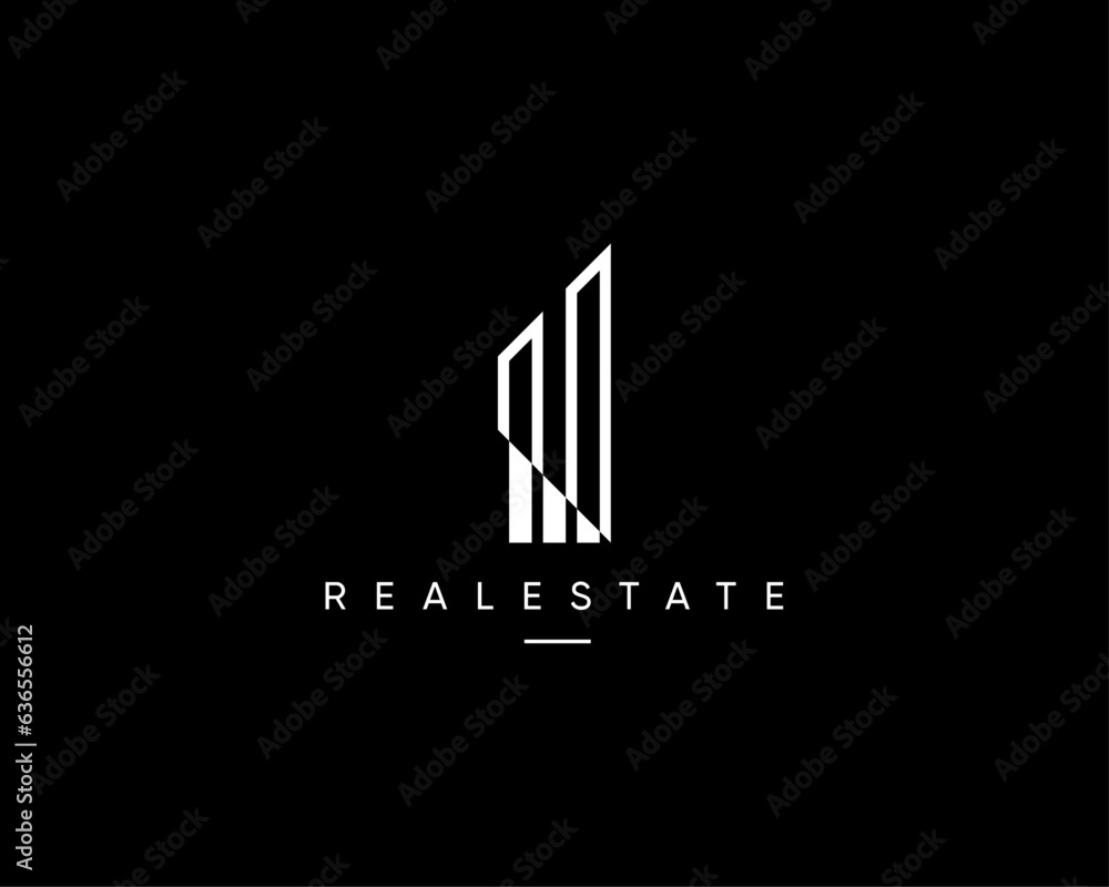 Real estate logo. Abstract city building, architecture, planning, structure, construction, property, cityscape, skyscraper and city skyline vector design symbol. 