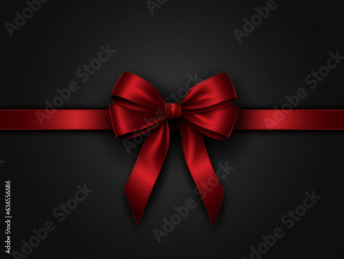 A close-up view of a vivid red bow and ribbon against a dark black background, creating an atmosphere of holiday vibes.