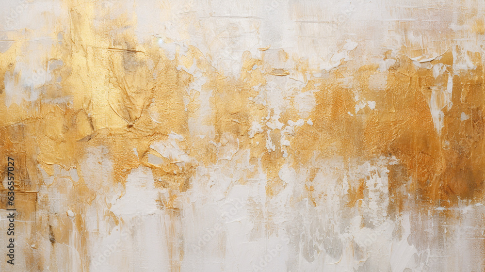 Fototapeta premium Golden White paint strokes brush textured background panel wooden canvas abstract form painting.