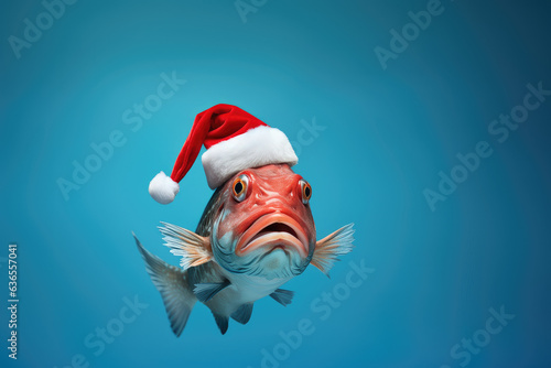 Wondering fish wearing a Christmas hat. Posing on blue background, funny looking. Celebrating Christmas concept.