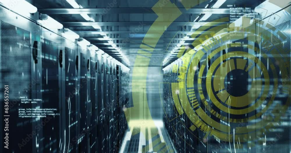 Animation of loading circles and computer language over bars on data server racks