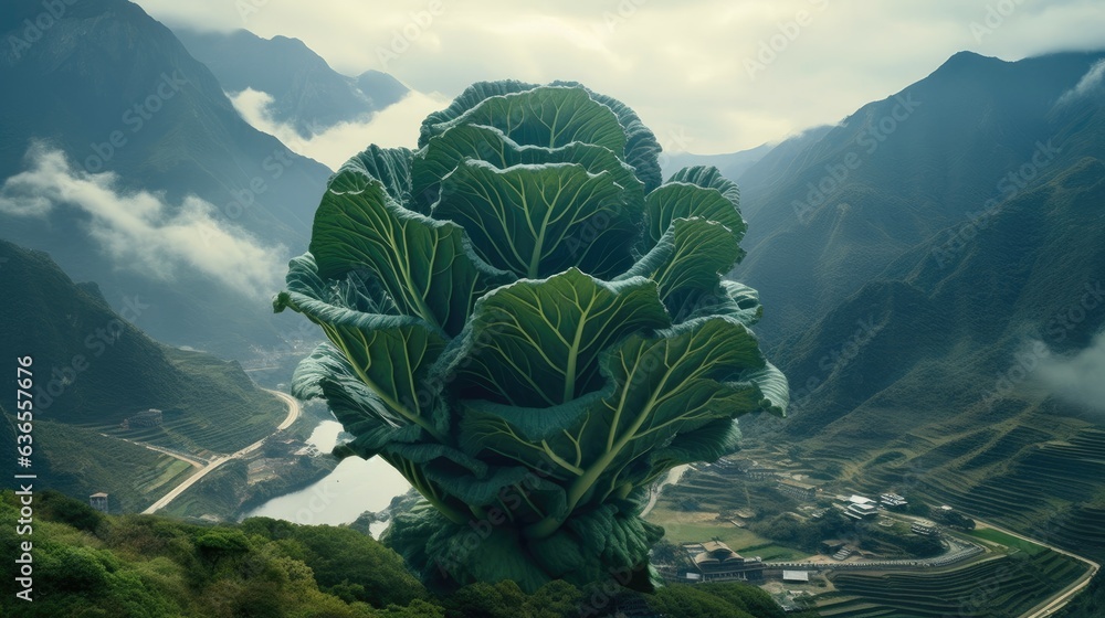 Mountain landscape with giant Cabbage - obrazy, fototapety, plakaty 