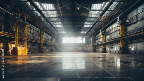 The interior of a big industrial building or factory with steel constructions generative ai