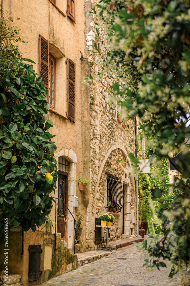 Old stone houses on a street in medieval Saint Paul de Vence, South of France