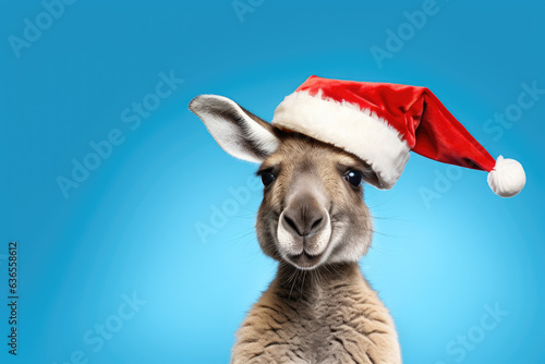 Kangaroo wearing a Christmas hat. Posing on blue background, funny looking. Celebrating Christmas concept photo