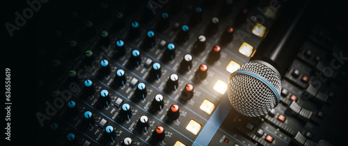 Close-up microphone and sound mixer in studio for sound record control system and audio equipment and music instrument