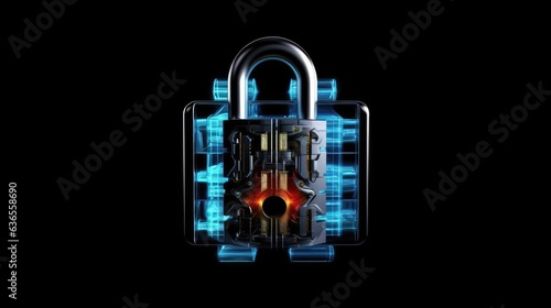 Digital lock and key on black background