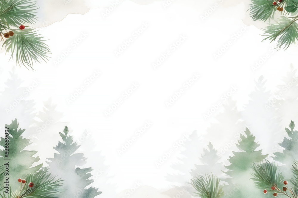Watercolor Christmas border featuring pine branches against a serene backdrop of trees
