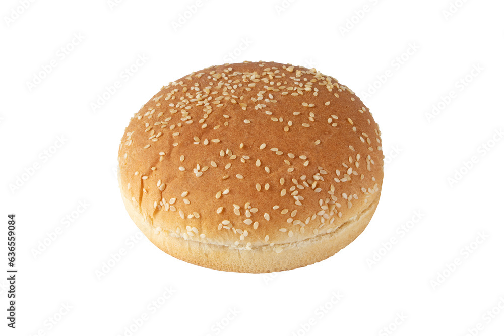 Sesame bun for burger isolated transparent png. Round bread topped with sesame seeds cut in half.