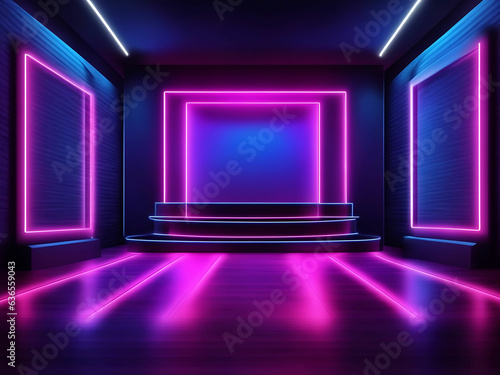 3d render background Neon dark stage shows empty room: neon ligh