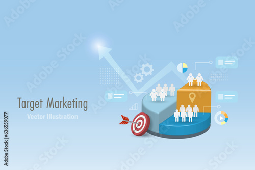 Target marketing with customer segmentation on pie graph. Data analysis, business research and development strategy. 3D vector.