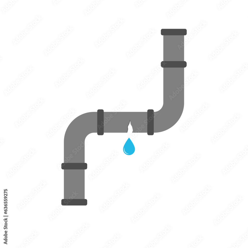 Broken metal pipe bend with leaking water, flat style vector illustration. Part of the pipeline