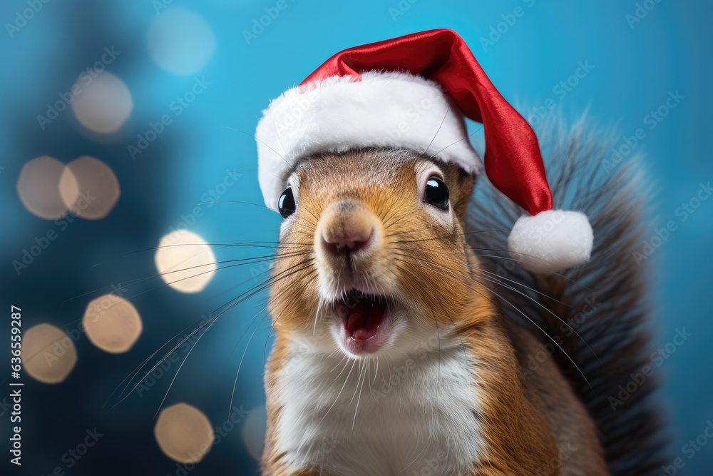 Squirrel is wearing a Christmas hat. Posing on blue background, funny looking. Celebrating Christmas concept. Squirrel is wearing a Christmas hat. Posing on blue background, funny looking. Celebrating Christmas concept.