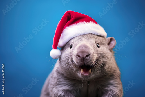 Wombat is wearing a Christmas hat. Posing on blue background, funny looking. Celebrating Christmas concept © fogaas