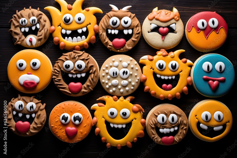Cute Halloween monsters cookies on the table. AI Generated. Cute Halloween monsters cookies on the table. AI Generated.