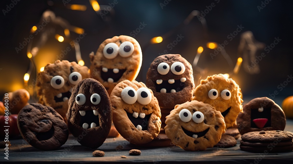 Cute Halloween monsters cookies on the table. AI Generated. Cute Halloween monsters cookies on the table. AI Generated.