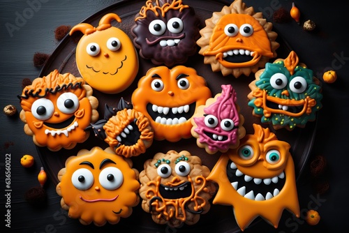 Cute Halloween monsters cookies on the table. AI Generated.