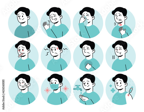 Collection of 12 minimal vector illustrations depicts common symptoms of various diseases and conditions. Making them ideal for use in educational materials, medical websites, and marketing campaigns