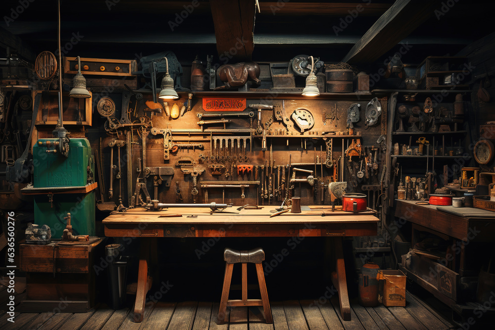 tool workshop scene hanging on wall in workshop, shelving with table and wall, vintage garage style - obrazy, fototapety, plakaty 