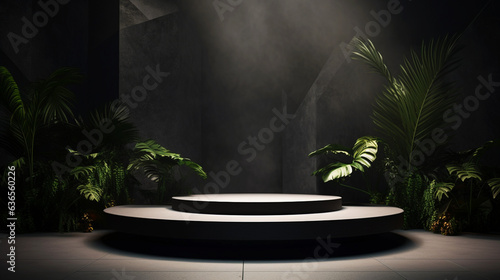 Podium or scene for product presentation. Organic natural background with tropical leaves and plants. Generative AI