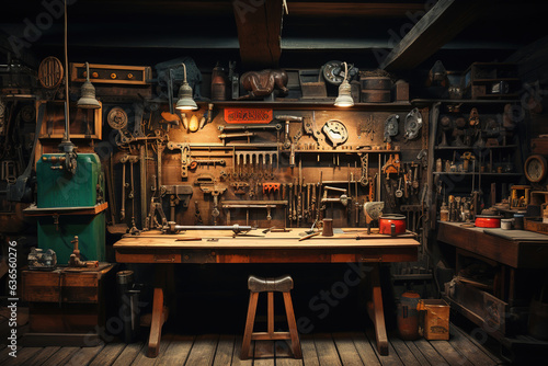 tool workshop scene hanging on wall in workshop, shelving with table and wall, vintage garage style © arhendrix