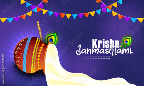 Vector Illustration of curd pot (Dahi handi) with flute and peacock feather on decorative celebration background. Happy Krishna Janmashtami.