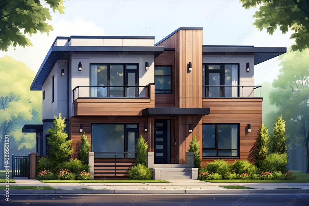 House exterior illustration front view with roof. modern townhouse apartment building facade with door and window