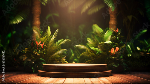 Gold shiny podium or stage for product presentation. Tropical forest and green wall background. Copy space. Glowing light. Generative AI   © Катерина Нагірна
