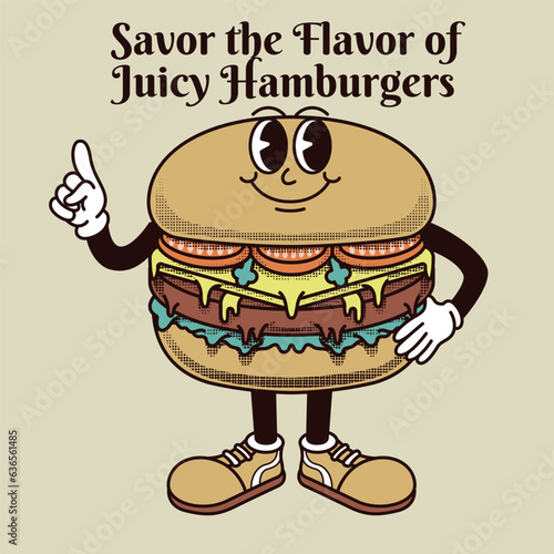 Burgers Character Design With Slogan Savor the Flavor of Juicy Hamburgers