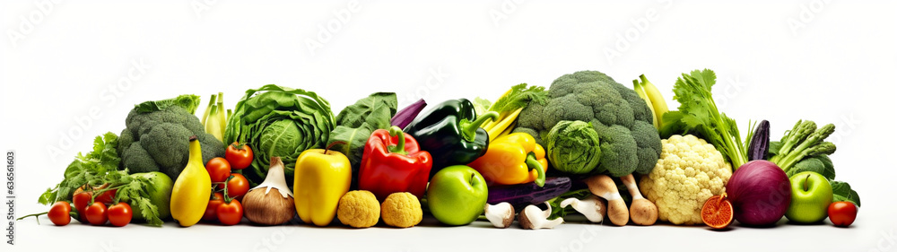 Banner with many fresh vegetables on isolated white background. Generative AI Banner with many fresh vegetables on isolated white background. Generative AI