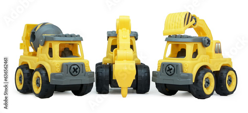 yellow plastic toy of concrete mixer and ecavator truck isolated on white background. heavy construction vehicle. low angle view