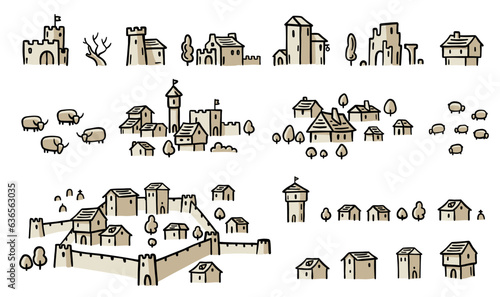 Medieval city buildings. Separate elements of the architecture map. Middle Ages. Hand drawn vector.