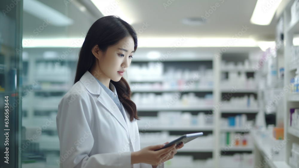 Pretty Asian woman examining drugs in a pharmaceutical company's laboratory Pretty Asian woman examining drugs in a pharmaceutical company's laboratory