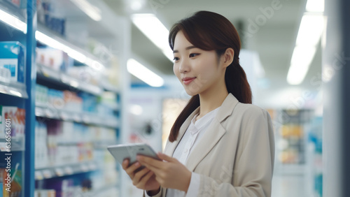 Pretty Asian woman examining drugs in a pharmaceutical company's laboratory